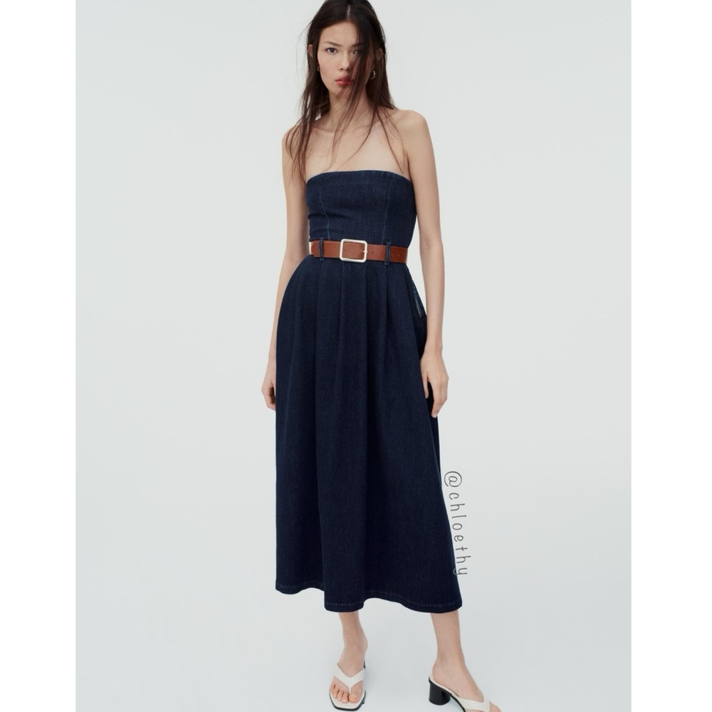 Zara Z1975 BELTED DENIM MIDI DRESS